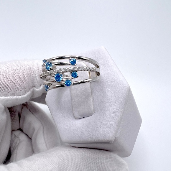 Sterling Silver Blue Topaz Cz & Clear Cz Ring - Picture 9 of 17